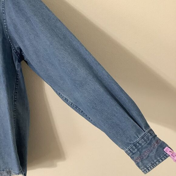 Vintage 90s Western Cottagecore Grandmacore Pink Embroidered Denim Blouse Medium - Picture 5 of 11
